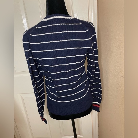 Vintage Women LACOSTE V-Neck Sweater Navy w/White Stripes & Red Crocodile 36/ Sm - Picture 5 of 10